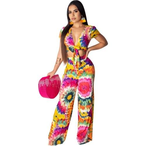 Women Bohemian Colorful Floral Print Jumpsuit Loose Wide Leg Pants Romper Sexy V-neck Bow Tie Up Hollow Out Summer Beach Overall