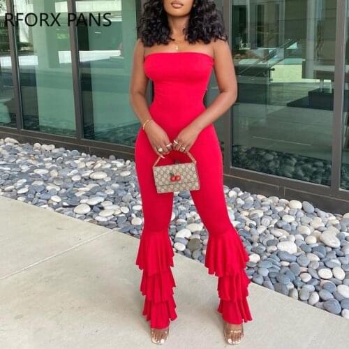 Women Chic Casual Solid Flared Pants Strapless Sleeveless Sexy Bodycon Red Jumpsuit