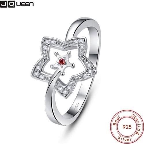 JQUEEN Romantic Silver Color Luck Ring Concise Hollow Out Star Clear Red CZ Finger Ring For Women Christmas Gift Jewelry