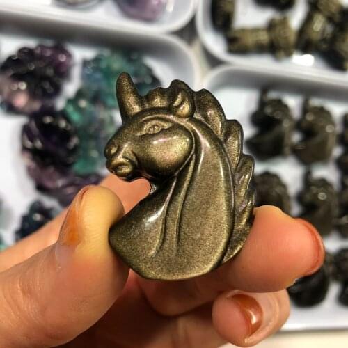 1pcs Natural Gold Obsidian unicorn reiki healing hand carved crystal unicorn