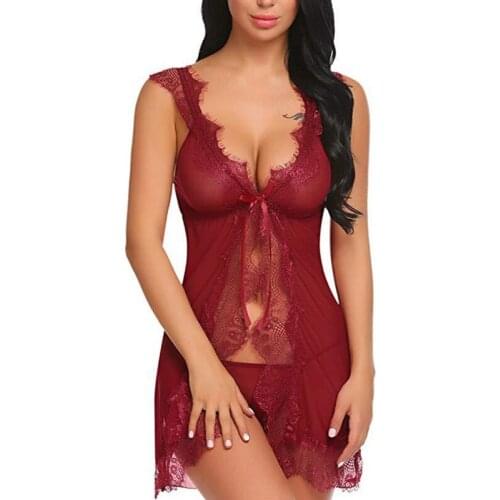 2PCS Sexy Lingerie Set Fashion Lace Bow Sleepwear Sets Deep V-neck Bathrobe Nightdress And Thong Suits For Women