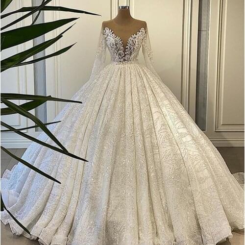2021 Romantic Sequins Lace Ball Gown Wedding Dresses Sexy Illusion Tulle Long Sleeve Wedding Gowns Vestido De Noiva