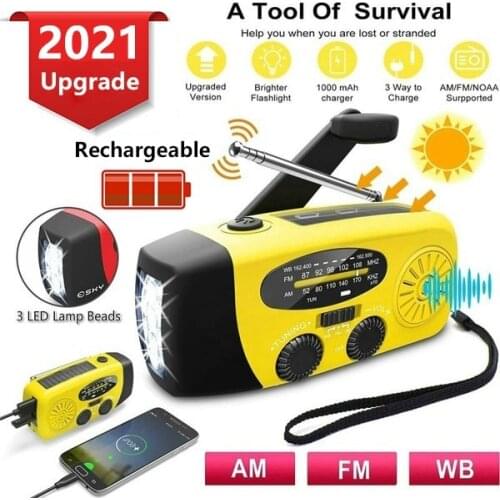 3 IN 1 USB Solar Hand Crank Radio Flashlight, Emergency Self Powered 3 LED AM/FM/WB Radio Weather 1000mAh Smart Phone Power Bank