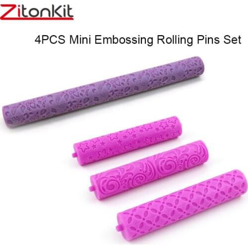 4pcs Mini Embossing Rolling Pin Dough Roller Non-stick Plastic Fondant Cake Decorating Tools Crafts Baking Maker 9inch Kitchen