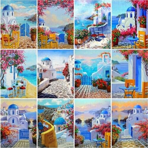 5D DIY Diamond Painting Kits Seaside Building Rhinestone Art Full Round With AB Drill Town Landscape Home Decor Gift Diamond Art