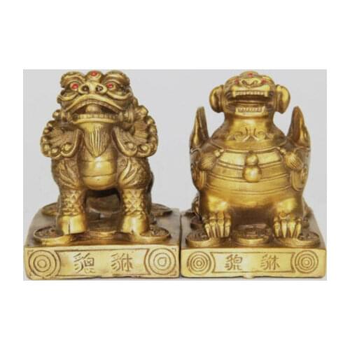 Antiques Pair Chinese sacred Bronze dragon Pixiu statues 3.6"H each