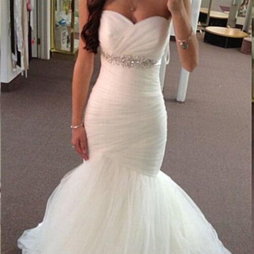 White Pleat Sweetheart Tulle Mermaid Wedding Dresses Crystal Lace Up Back Bride Dresses Wedding Gowns