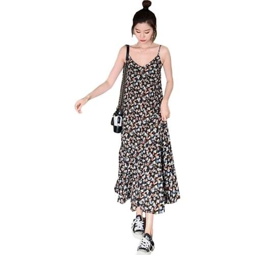 Floral Sling Dress Womens New Summer Chiffon Dresses Female V-Neck Fashion Pullover Sleeveless Plus Size Long Dress Lady 2021