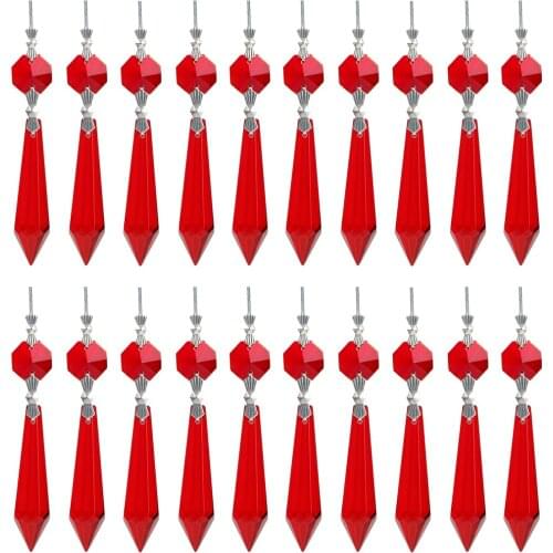H&D 25pcs Red Crystal Icicle Prisms with Octagon Bead Chandelier Pendants Hanging Drops Replacement Parts Home Wedding Decor