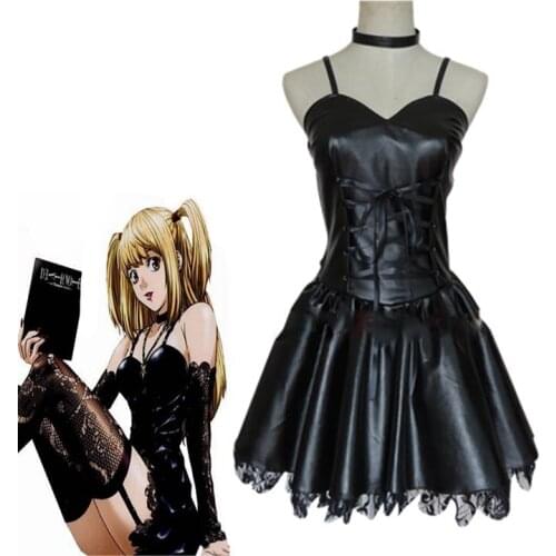 Anime Death Note Misa Amane Cosplay Costumes Imitation Leather Sexy Tube Tops Lace Black Dress Uniform Outfit Amane Misa Costume