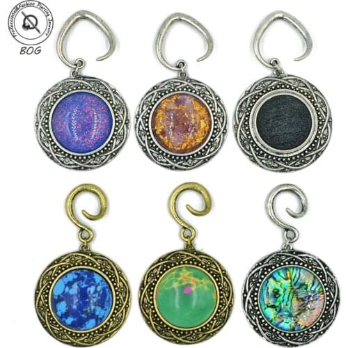 BOG-PAIR Brass Vintage Mother of pearl Medallion Stone Dangle Ear Weight Ear Expander Ear Stretcher Body Piercing Jewerly