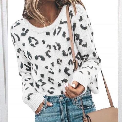 Fashion Leopard Pattern Sweaters Women Round Neck Thick Warm Loose Knitted Pullovers Female Autumn Winter Casual Jumpers Ladies