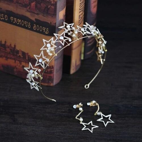 Fashion Crystal Pearl Star Shape Crown Bridal Hairband Earring Romantic Fairy Temperament Sparkling Bridal Wedding Jewelry Set