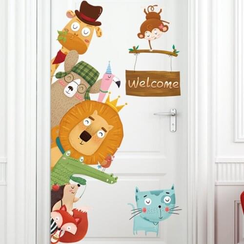 Cartoon Animal Giraffe Lion Cat Fox Stack High Wall Sticker For Kindergarten Classroom Door Home Decor Wall Decal