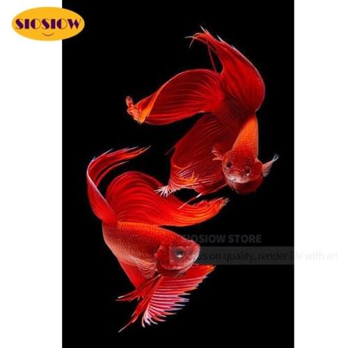 SIOSIOW 5D DIY Diamond Painting Red Fighting Fish Animal Full Square Cross Stitch Kits Diamond Mosaic Embroidery Home Decor Room