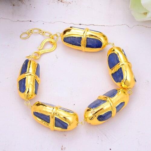 Natural Blue Kyanite With Electroplated Edge Gold Color Brushed Bead wrap Bracelet 8.5" Vintage Style For Women
