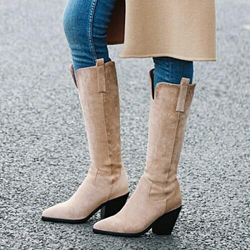 Autumn Winter Imitation Suede Female Knee High Boots Fashion Slip On Loose Large Size Shoes Lady Thick Heel Western Boots 34-46