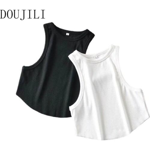 DOUJILI Sexy White Black Crewneck Vest Jacket High Quality Solid Color Sleeveless Short Top Tees For Lady