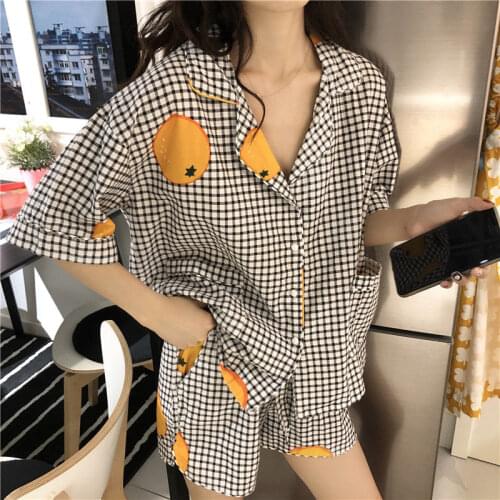 Pajamas Sets Women Loose Plaid Half-sleeve Nightwear Turn-down Collar Short Trousers Pocket Button Student Sleepwear Leisure New