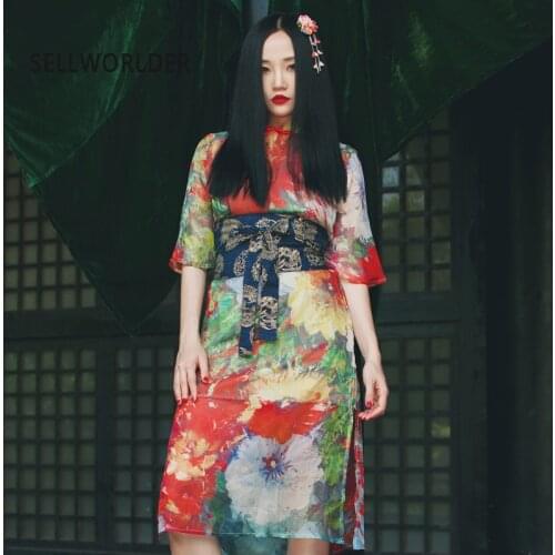 2018 Elegant Woman Chinese style improvement Cheongsam Loose waist Blossom ink Print Dress