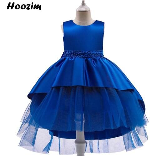 Formal Royal Blue Tulle Pearl Belt Back Bow Feast And Evening Dress Girls 4 To 10 Years Backless Prom And Wedding Party Dresses