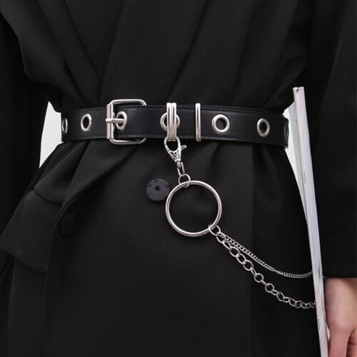Fashion Harajuku Punk Belt For Women Eyelet Grommet Metal Buckle Waist Strap Jeans Decorative Waistband Collocation Chain