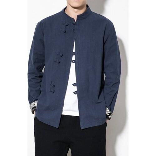 Chinese Style Plus Size Cotton Linen Hanfu Casual Buckle Tang Suit Spring Autumn Hanfu Coat Men Clothing 2021 Retro Shirt 31157