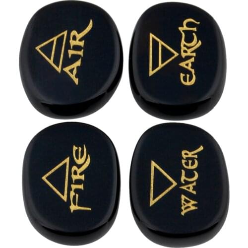 TUMBEELLUWA 1Set (4Pc) Black Onyx Palm Stone Engraved Element Symbols Healing Crystal Reiki Air Water Fire Earth