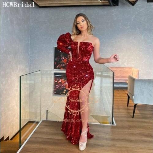 Long Sleeve Mermaid Evening Dress High Slit One Shoulder Charming Burgundy Prom Gowns Customize Arabic Women Party Dresses