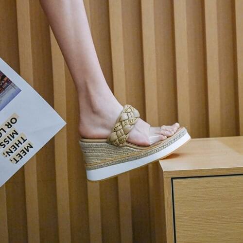 New Flat Platform Modern Slippers Fashion Spring Wedges Women Sandals Metal Chain Straw Platform Shoes Handmade Size 34-40