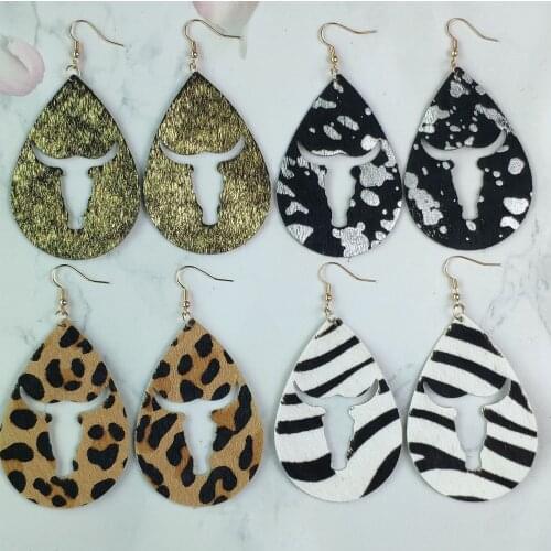 Hollow Bull Head Genuine Cowhide Leather Earrings for Women Leopard Zebra Big Water Drop Earrings Fashion Jewelry Accessories