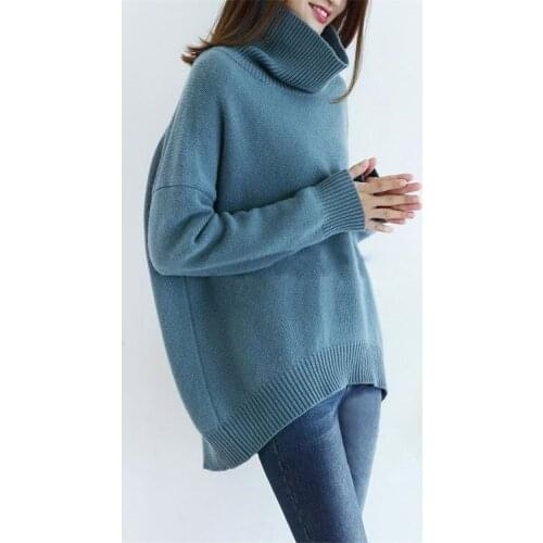 Goat cashmere thick knit women fashion high collar long irregular hem pullover sweater solid color one&over size