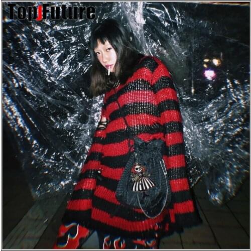 Women Girl Sweater Gothic Punk Striped Knitted Sweater Jumper Loose Female Harajuku hole Decadence and laziness Long Pullover