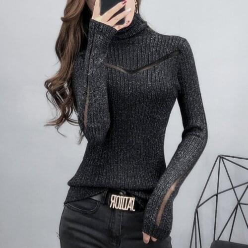 High Neck Long Sleeve Womens Knitted Pullover Sweater Bright Silk Hollow Lace Bottoming Shirt Spring Fall 2021 Fashion Sexy Top