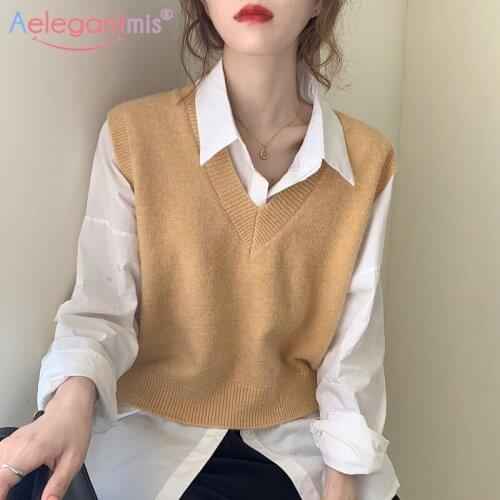 Aelegantmis Korean Casual Loose Knitted Vest Women Spring Soft Warm V Neck Sleeveless Sweater Female Retro Tank Tops Waistcoat