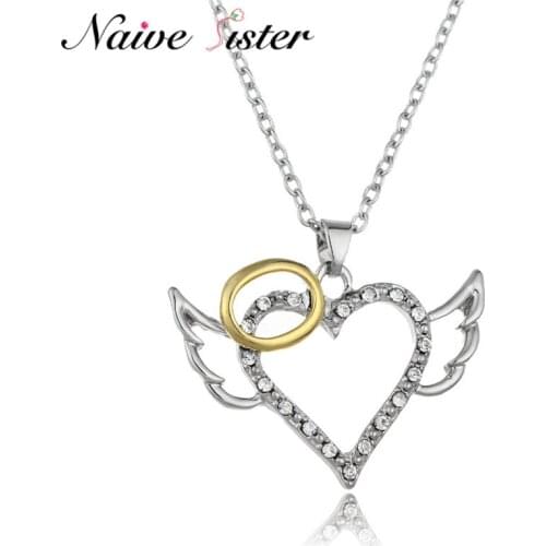 Fashion Angel Wings Love Heart Pendant Necklace For Women Round Shape Pendants Cute Girls Gifts Silver Color Link Chain Jewelry