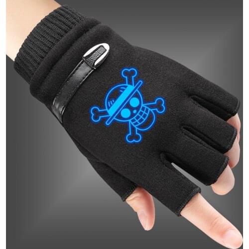 Winter Men Gloves Japanese Anime One Piece Pirate Luffy Skull Logo Fluorescent Luminous Fingerless Gloves Warm Knitted Gloves