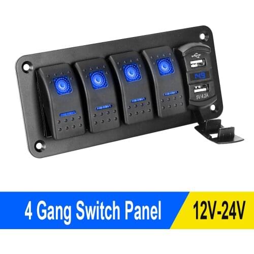 4 Gang Rocker Switch Panel 12V/24V Circuit Control LED Digital Voltmeter Dual USB Port Charger Breaker for Car SUV Marine RV