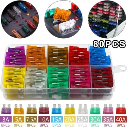 80Pcs Mini Standard Blade Fuses Set for 2/5/7.5/10/15/20/25/30 AMP Automotive Car Boat Truck Blade Fuse Assortment Kit