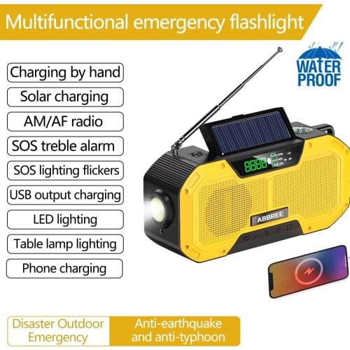 ABBREE Waterproof Powerful Emergency Auto Scan with 2000/5000mAh Solar Crank Dynamo AM/FM Handheld Radio Compass LED Flashlight