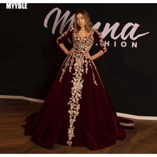 Burgundy Velvet Muslim 3/4 Long Sleeve Arabic Evening Dress Dubai Kaftan Gold Lace Applique Ball Gown Turkey Prom Formal Dresses