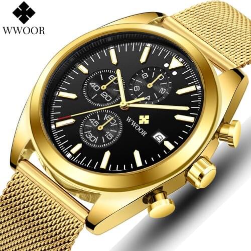 WWOOR Mens Watches Top Brand Luxury Stainless Steel Black Waterproof Quartz Watch Mens Fashion Chronograph Sport Military Watch