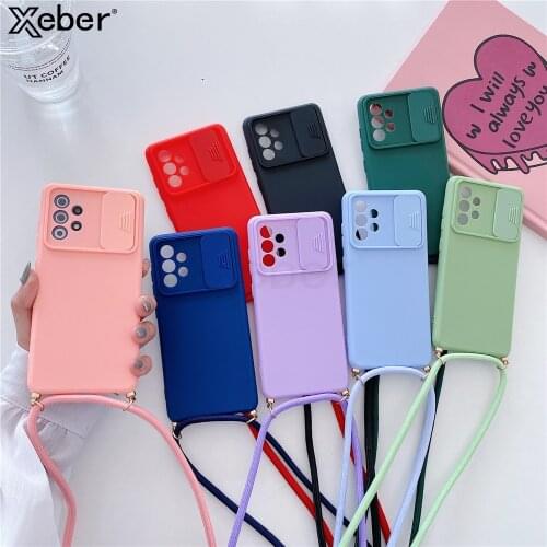 Crossbody Lanyard Slide Lens Camera Protection Case For Samsung A72 A52 A32 A12 S20 Plus S21 FE Note 20 Ultra A21S A71 A50 A30