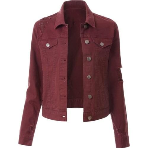 Autumn Spring Short Women Denim Jean Jacket Fall Red Black Slim Elastic Ripped Cotton Blue Denim Jackets Female Top Coats 2019