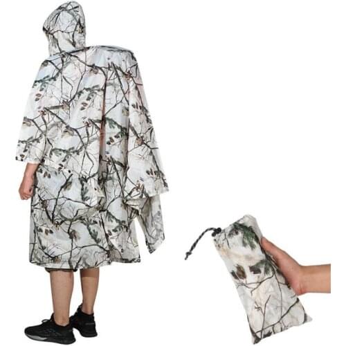 Lightweight White Camo Waterproof Hooded Long Raincoat Poncho Hunting Camping Tent Tarp