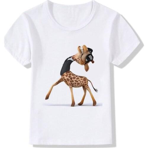 Summer Tops Childrens Tees Cartoon Funny Giraffe In The Back Of The Neck Print T-Shirts Girls/Boys T Shirt Casual Kids Clothes