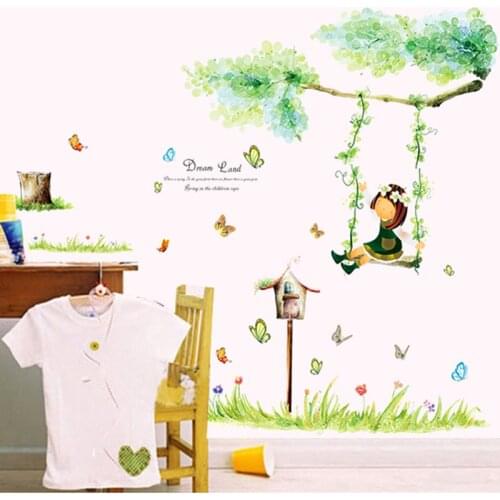 Cartoon DIY Removable Girl Swing Wall Stickers Kids Room Decor Removable Watercolor Poster Stickers Vinyl Decals