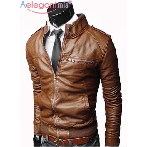 Aelegantmis Men Faux Leather Jacket Mens Stand Collar Coat Spring Autumn Casual Slim PU Jacket Male Moto Biker Coats Outerwear