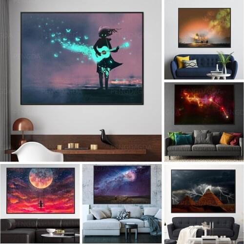 Wall Art Girl and Guitar Canvas Painting Pictures Print The Night Sky View Constellation Home Decor Bedroom Poster Modular Frame