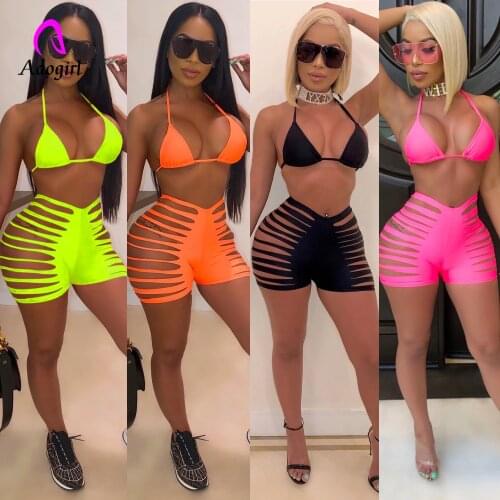 Neon Women Bikinis Set Summer Hole Hollow Out Solid Crop Top & Shorts Sexy Beach Swimsuit Three Piece Set Outfits Bathing Suit